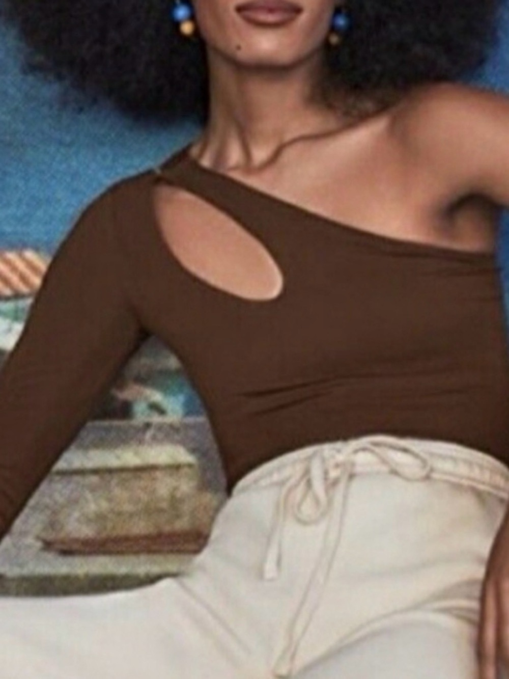 Reformation One-Shoulder Long Sleeve Top in Rust Brown XS Strechy